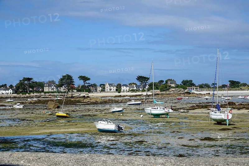 Harbour of Plouneour-Brignogan-Plage, boats lying on dry land at low tide, Finistere department, Brittany region, Atlantic coast, France, Europe