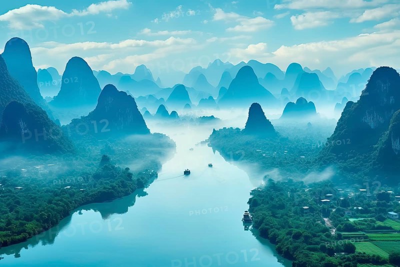 Surrealist aerial view of the Li River at Guilin, China, AI Generated, AI generated, Asia