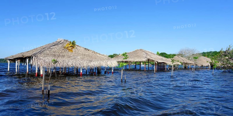 Flooded beach huts, Alter do Chao Beach, Tapajos River, Para state, Brazil, South America