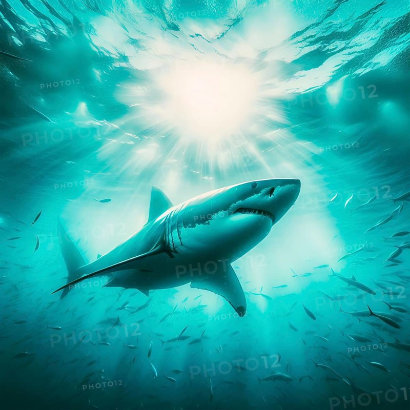 A great white shark swims in the ocean in a school of fish, AI generated, AI generated