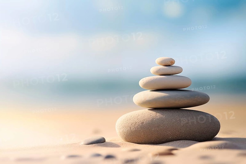 Zen stones stack on sand waves in a minimalist setting for balance and harmony. Balance, harmony, and peace of mind, wellness, meditation, and spirituality concept, AI generated