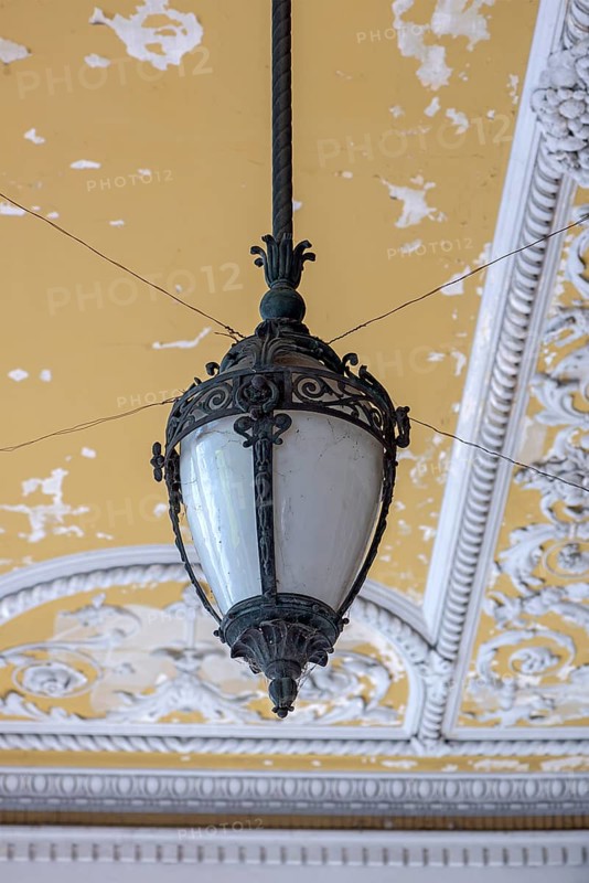 Historic ceiling lamp in the arcades of the Old Stock Exchange, Genoa, Italy, Europe