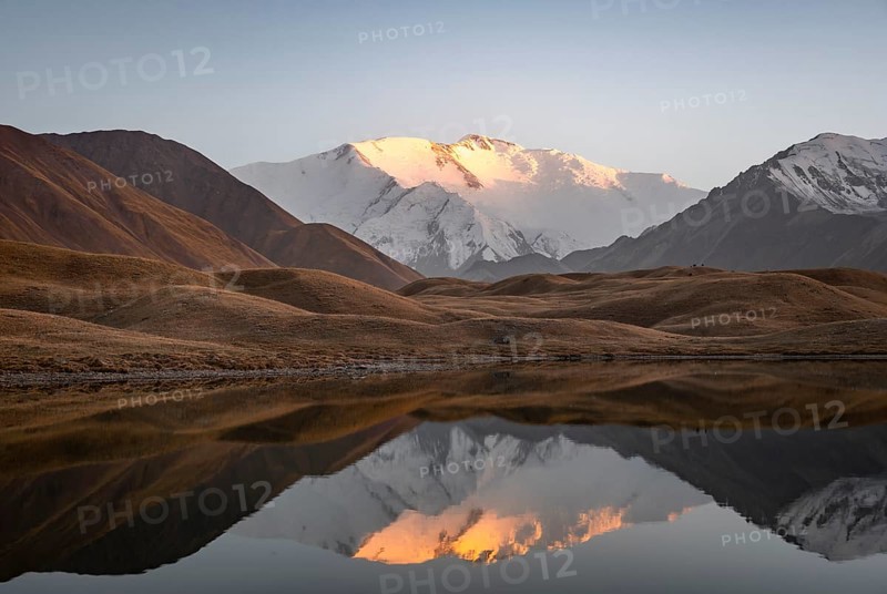 White glaciated and snowy mountain peak Pik Lenin at sunset, mountains reflected in a lake between golden hills, Trans Alay Mountains, Pamir Mountains, Osh Province, Kyrgyzstan, Asia