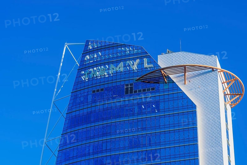 Yeoso, South Korea: December 25, 2017: Top of the MVL hotel against a clear blue sky