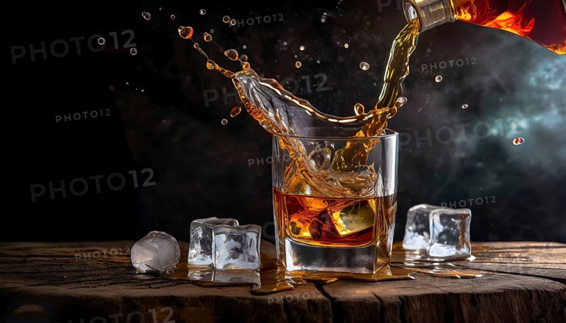 Whiskey with rocks or ice cubes in a glass with ice in a dark wooden background. AI Generated, AI generated