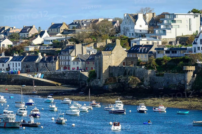 Harbour and commune of Le Conquet, seen from the Kermorvan peninsula, Finistere Pen ar Bed department, Brittany Breizh region, France, Europe