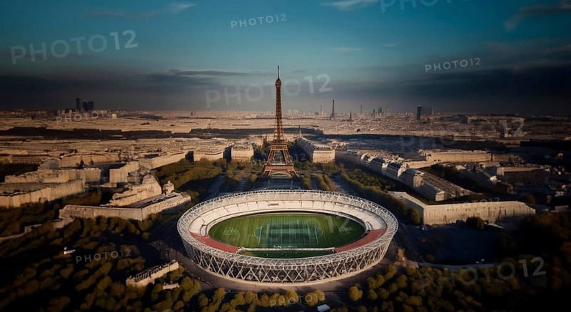 Concept of the Olympic Games in Paris France 2023, the stadium at the Eiffel Tower, AI generated