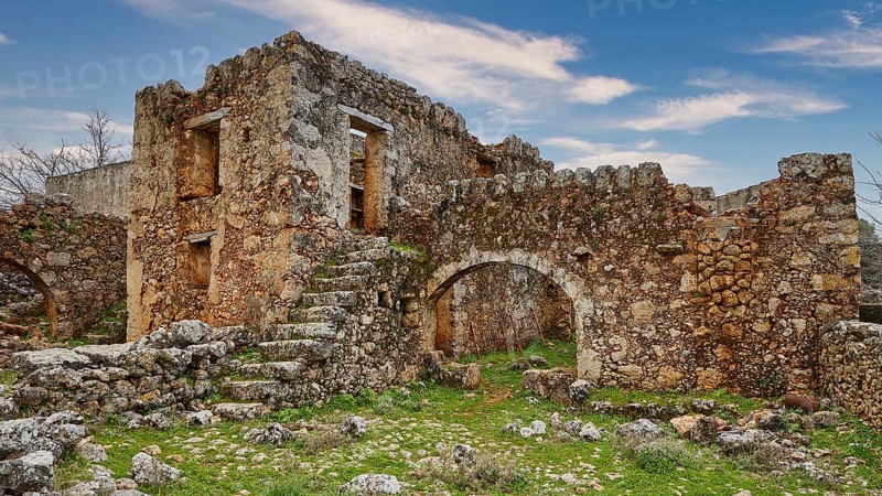 Dilapidated structure of ancient ruins under a sky with clouds, sky replaced, Aradena Gorge, Aradena, Sfakia, Crete, Greece, Europe
