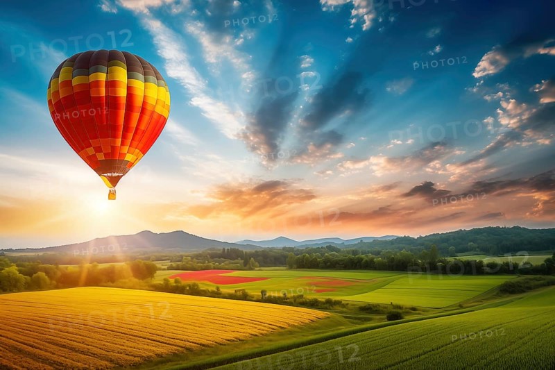 A colorful hot air balloon floats in sky over a blooming field meadow of flowers landscape at sunset with orange and blue skies in the background. Travel journey adventure beauty of nature concept, AI generated
