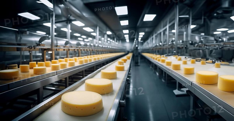 Cheese production at a dairy products factory, conveyor line with cheese, AI generated