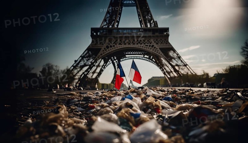 Garbage on the streets of Paris after sports competitions and concerts. Concept of the Olympic Games in Paris France 2024, AI generated