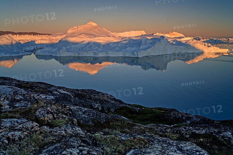 Reflection of icebergs, midnight sun, summer, Ilulissat Icefjord, Disko Bay, Jakobshavn Glacier, Greenland, North America