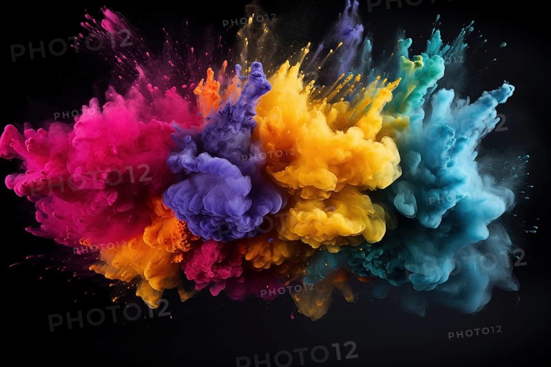 Holi background, vibrant and colorful powder smoke explosion on black background, AI generated