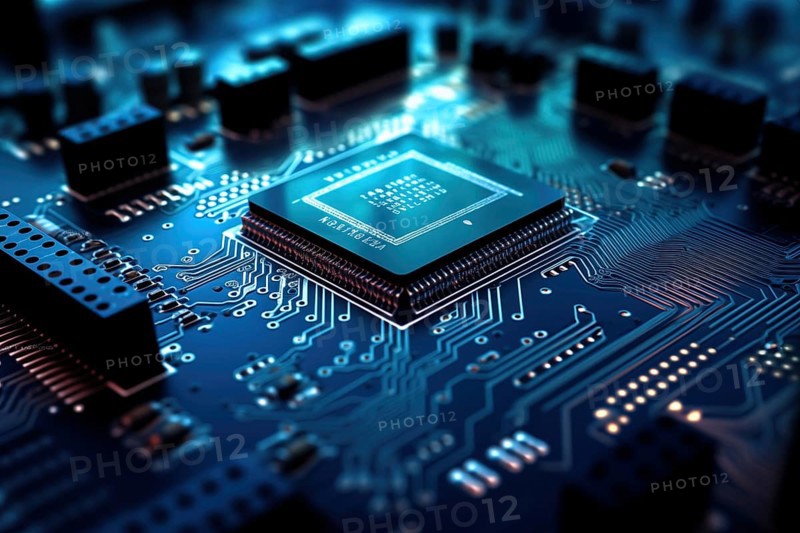 Close-up image of a blue circuit board with a central microchip processor CPU with various electronic components and connections. Technology, computer hardware, and manufacturing industries, AI generated