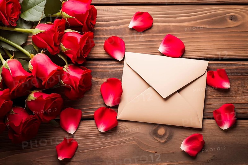 Vibrant red roses, a romantic valentine love letter in an elegant envelope, and scattered rose petals on a dark wooden table. Love and affection on Valentine's Day, AI generated