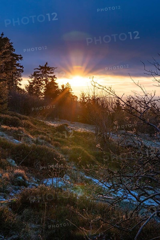 Landscape on the Grosser Feldberg, Taunus volcanic region. A cloudy, sunny winter day, meadows, hills, snow and forests with a view of the winter sunset. Hesse, Germany, Europe