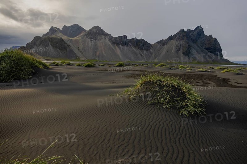 Vestrahorn, mountains with black lava sand, southern Iceland