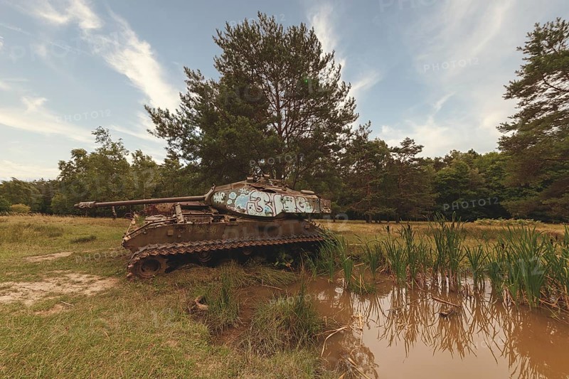 A tank by day at a pond, surrounded by trees and extensive nature, M41 Bulldog, Lost Place, Brander Wald, Aachen, North Rhine-Westphalia, Germany, Europe