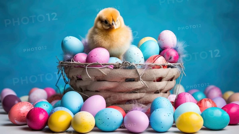 A fluffy chick sits atop a basket filled with pastel-colored Easter eggs against a vibrant blue backdrop, evoking the joy of spring celebrations AI generated