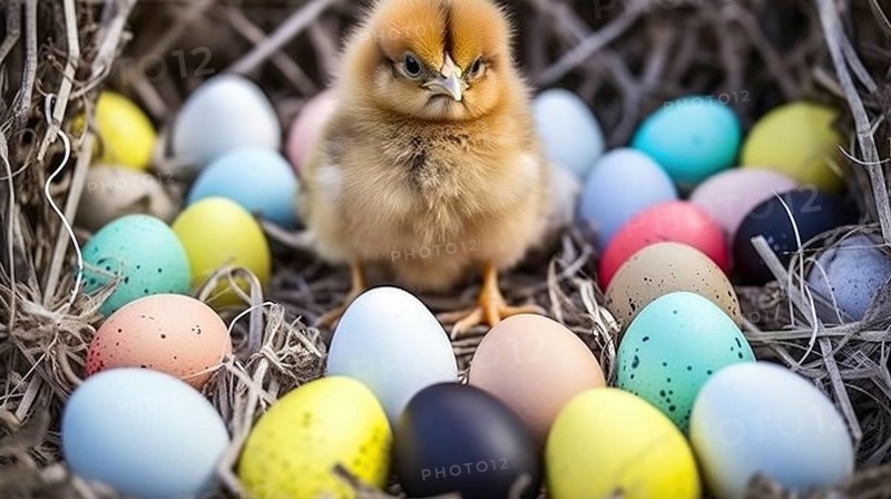 A chick sits among multicolored Easter eggs nestled in straw AI generated