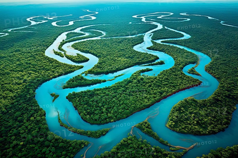 Aerial view of a meandering river in a tropical rainforest, Brazil, AI Generated, AI generated, South America