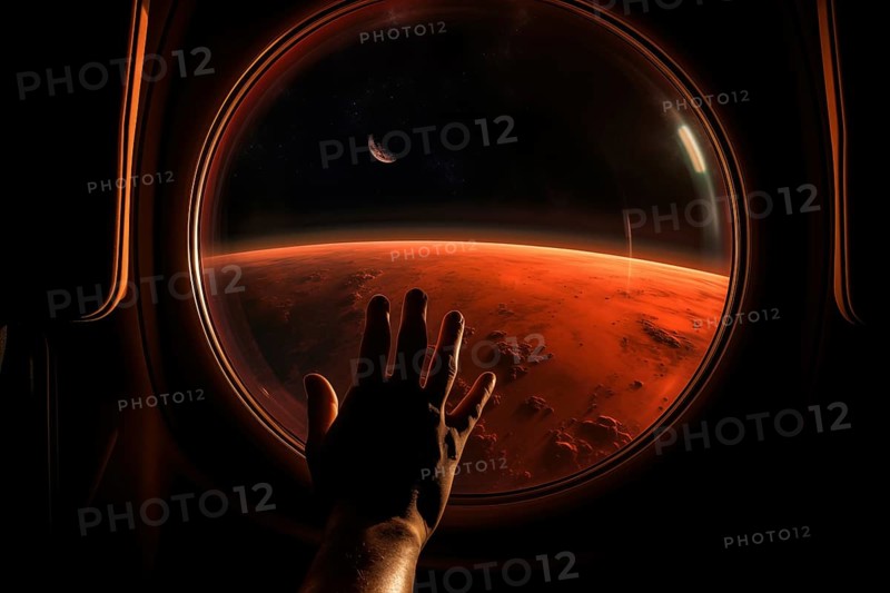 Mars landscape seen through spaceship window illuminator with astronaut hand touching the glass. Concept of extraterrestrial journey space exploration, conveys sense of otherworldly beauty and wonder, AI generated