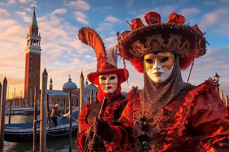 Persons adorned in a richly detailed and colorful carnival costume, complete with an elaborate mask, participates in the iconic Venice Carnival, AI generated
