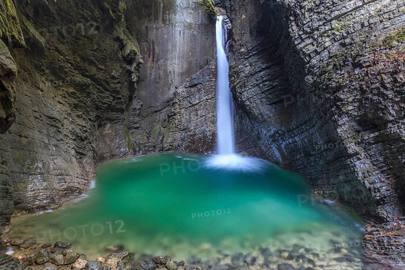 Waterfall in a gorge, Kozjak waterfall, Soca Valley, Slovenia, Europe