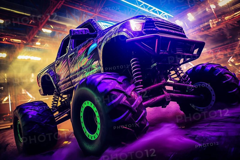 Monster truck illuminated by neon lights amidst a cloud of dust at an indoor arena. Excitement and thrill of an extreme sport and entertainment monster truck stunts racing show, AI generated