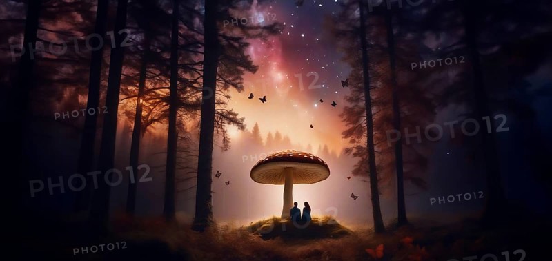 Couple resting in the forest under mushrooms, the concept of a fly agaric psilocybin trip, AI generated