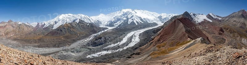 Panorama, high mountain landscape with glacier moraines and glacier tongues, glaciated and snow-covered mountain peaks, Lenin Peak and Peak of the XIX Party Congress of the CPSU, Traveller's Pass, Trans Alay Mountains, Pamir Mountains, Osh Province, Kyrgyzstan, Asia