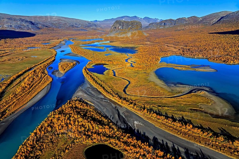 Aerial view of river delta with mountains in autumn, Rapadalen and Nammatj, Laponia, Lapland, Sweden, Europe
