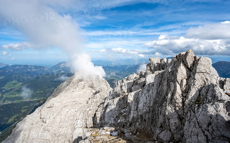 Rocky narrow mountain ridge with summit Watzmann Hocheck, view from Watzmann middle summit to mountain panorama, Watzmann crossing, Berchtesgaden National Park, Berchtesgaden Alps, Bavaria, Germany, Europe