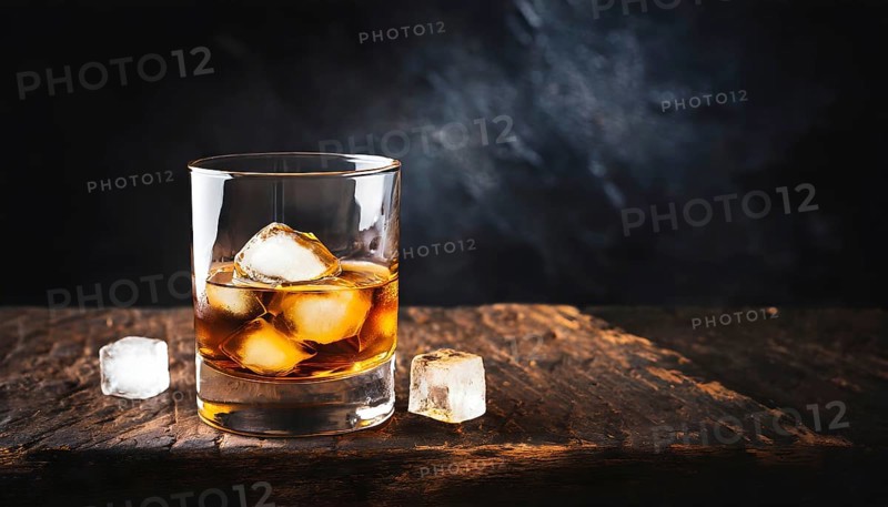 Whiskey with rocks or ice cubes in a glass with ice in a dark wooden background. AI Generated, AI generated