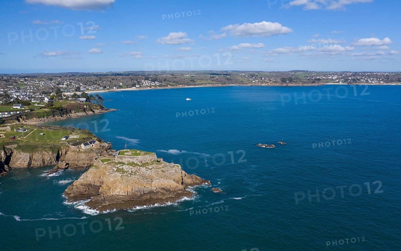 Aerial view of Fort de Bertheaume on a rock off the coast in Plougonvelin on the Atlantic coast at the mouth of the Bay of Brest, Finistere Penn ar Bed department, Brittany Breizh region, France, Europe
