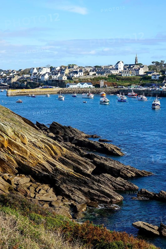 Harbour and commune of Le Conquet, seen from the Kermorvan peninsula, Finistere Pen ar Bed department, Brittany Breizh region, France, Europe