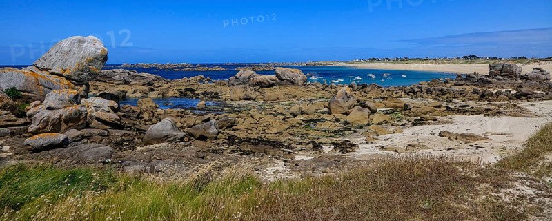 Granite rock formations on the beach of the English Channel near the village of Meneham, Menez Ham, Kerlouan, Finistere Penn ar Bed department, Brittany Breizh region, France, Europe