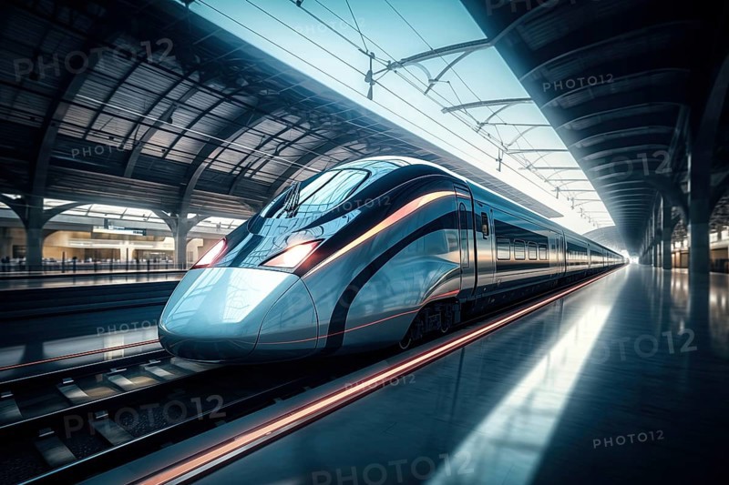 Modern high speed train in a futuristic train station. Modern transportation technology, speed, travel concepts. Railroad with motion blur effect, AI generated