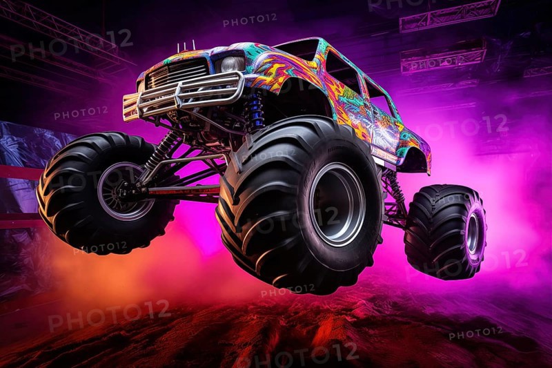 Monster truck with neon lighting, jumping off-road in cloud of dust. Excitement and thrill of an extreme sport, AI generated