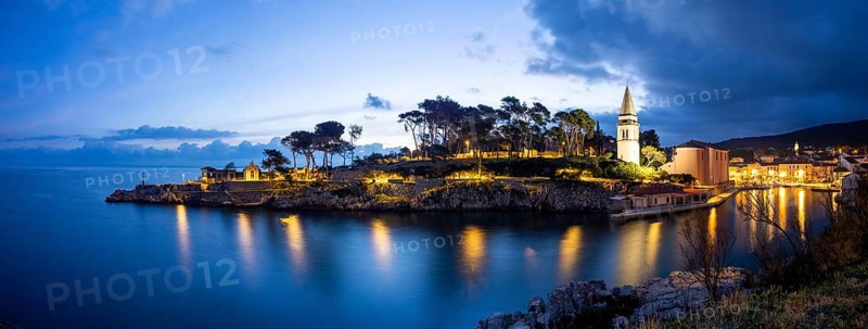 St. Anthony's Church and harbour, blue hour at dawn, panoramic view, Veli Losinj, Kvarner Bay, Croatia, Europe