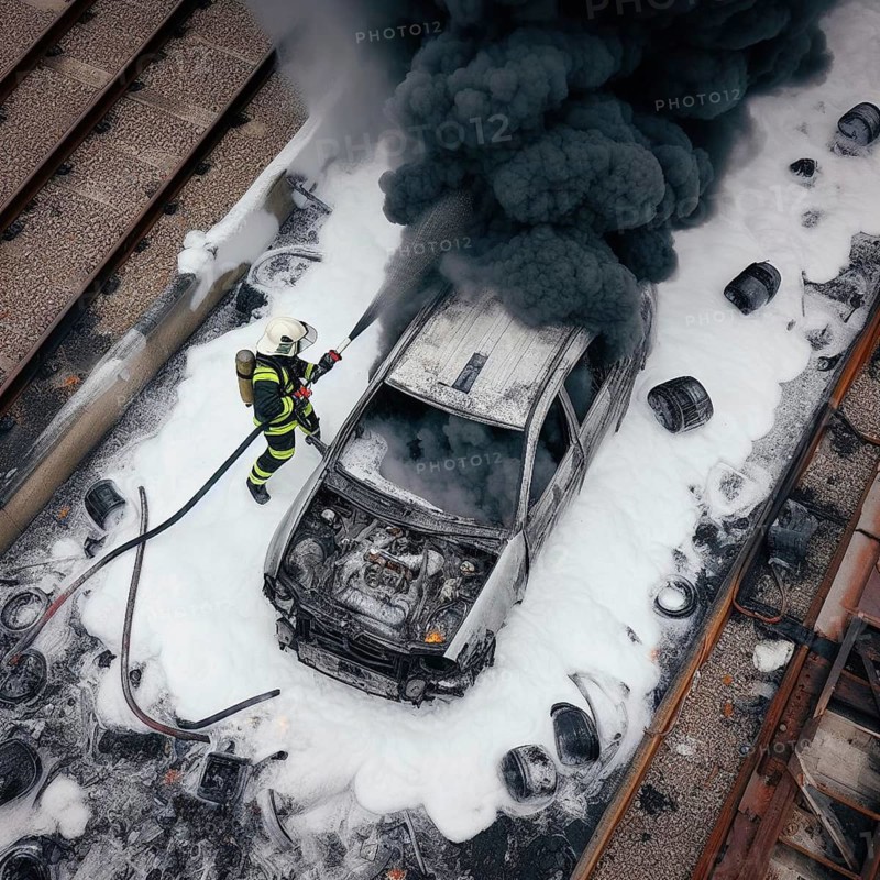 A firefighter in full gear uses a hose with chemical white foam to extinguish flames engulfing hybrid electric petrol vehicle car amidst a urban landscape, with emergency response evident, ai generated, AI generated
