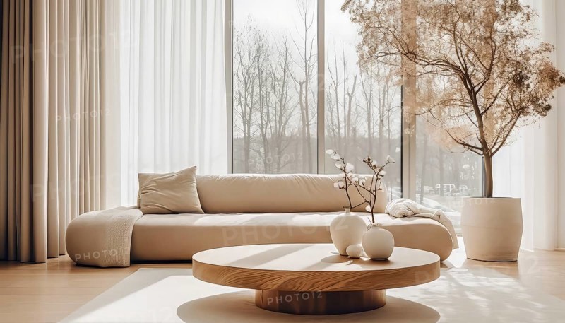 A well-lit modern living room with beige tones and elegant furniture, modern sofa and round coffee table, AI generated