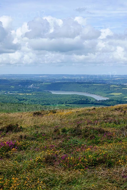 View of the river Aulne and the Pont de Terenez bridge from the summit of the 329 metre high Menez Hom mountain, Finistere department, Brittany region, France, Europe