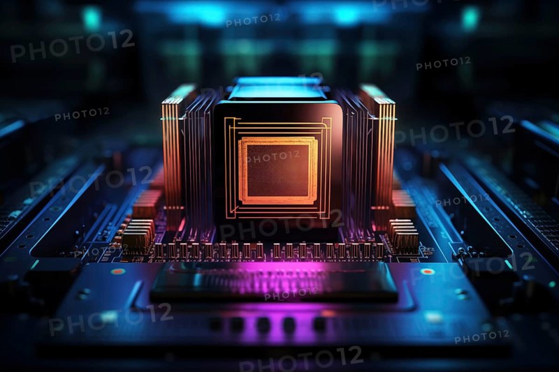 Close-up of a computer processor chip CPU on a motherboard with glowing neon lights. The chip is surrounded by other electronic components. Technology and hardware related content Close-up of a computer processor chip CPU on a motherboard with glowing neon lights. Technology and hardware related content, AI generated