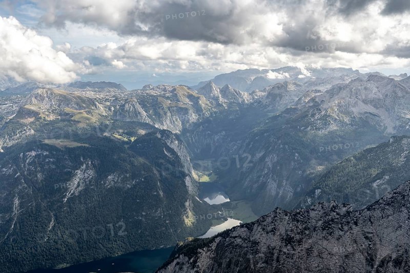 View of Koenigssee and Obersee with Steinernes Meer, at the summit of the Watzmann Mittelspitze, Watzmann crossing, Berchtesgaden National Park, Berchtesgaden Alps, Bavaria, Germany, Europe