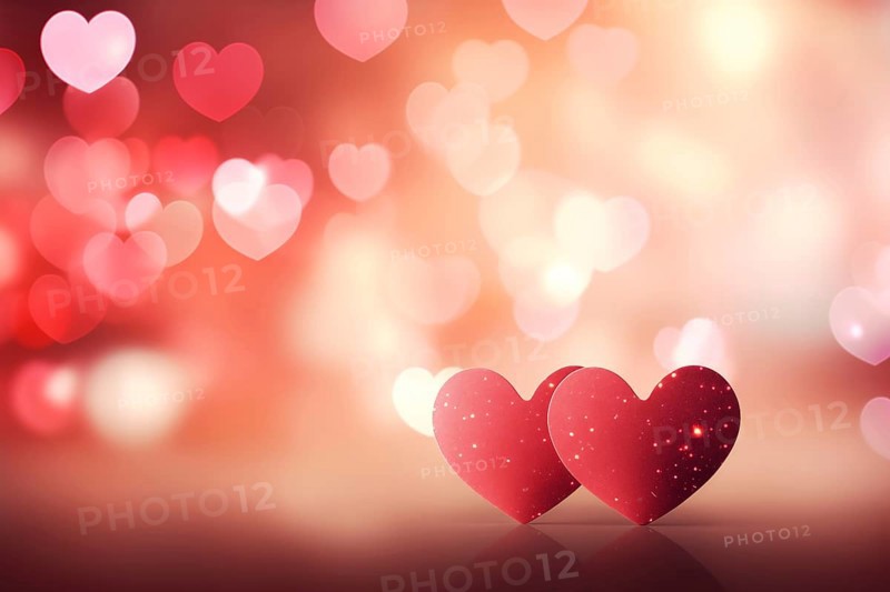 A beautiful and romantic background featuring two elegant red hearts against a soft, bokeh light effect, perfect for Valentine Day or any love-themed design, AI generated