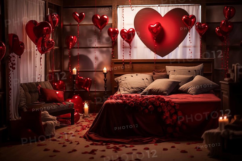 A cozy bedroom adorned with red and white heart-shaped balloons, rose petals, and candles creating a romantic atmosphere for Valentine's Day, AI generated