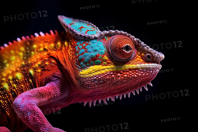 Vibrant close-up image capturing the intricate details and vibrant colors of a chameleon against a dark background, AI generated