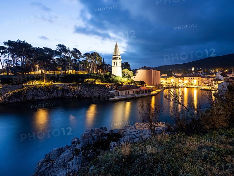 St. Anthony's Church and harbour, blue hour at dawn, Veli Losinj, Kvarner Bay, Croatia, Europe