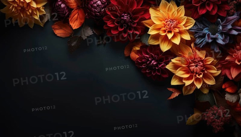 Autumnal dahlias in vibrant colors elegantly arranged on a dark background AI generated